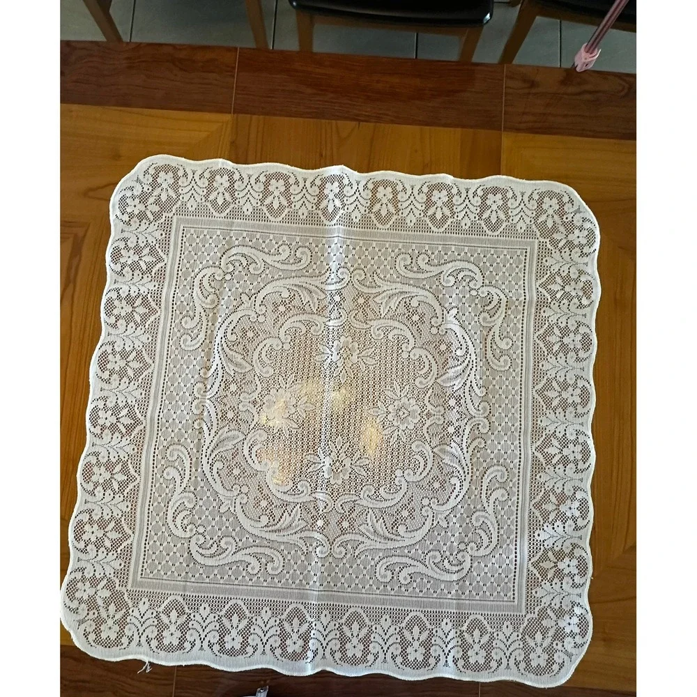 Vintage White Lace Square Table Topper Scalloped Edge Floral Medallion Set of 2